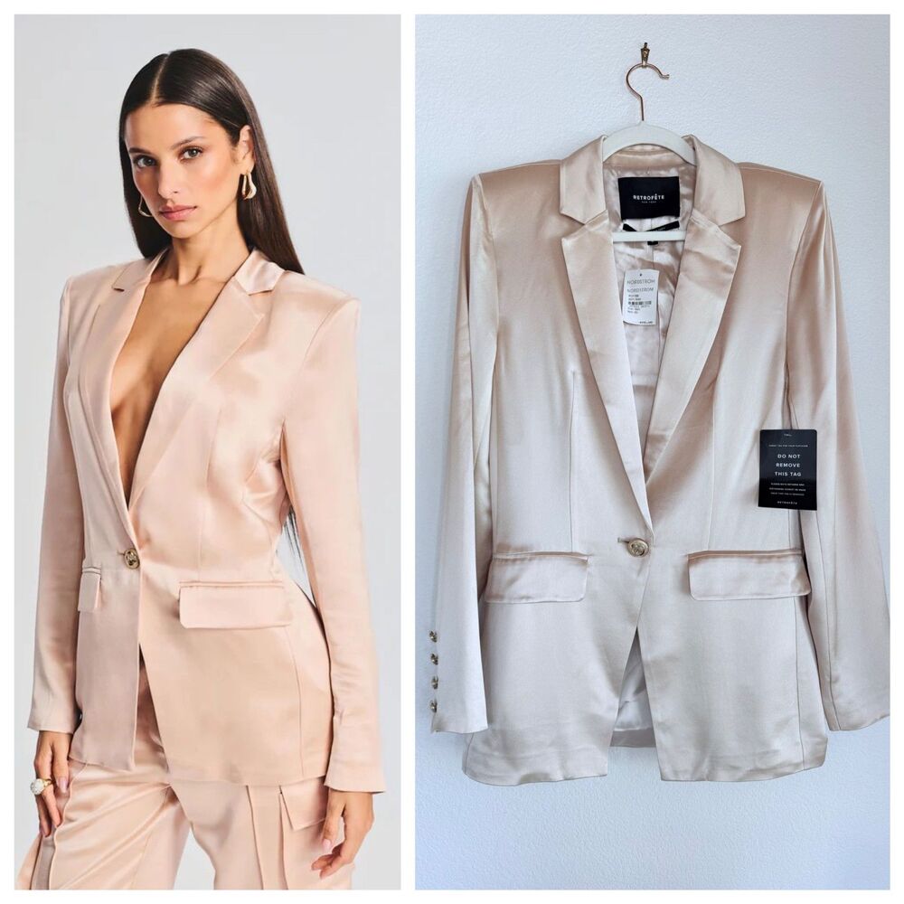 NWT Retrofête Silky Satin One Button Leo Blazer in Dusty Peach Pink Size Small